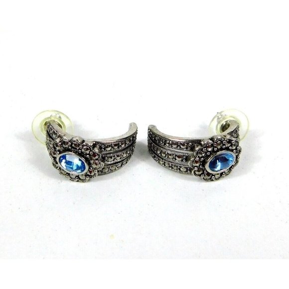 Vtg Avon Romantic Treasures Faux Marcasite Blue Stone Half Hoop Pierced Earrings - Picture 5 of 8